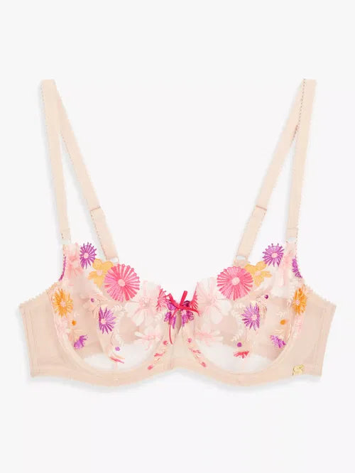 ‘Harper’ retro floral embroidered balcony bra in peach
