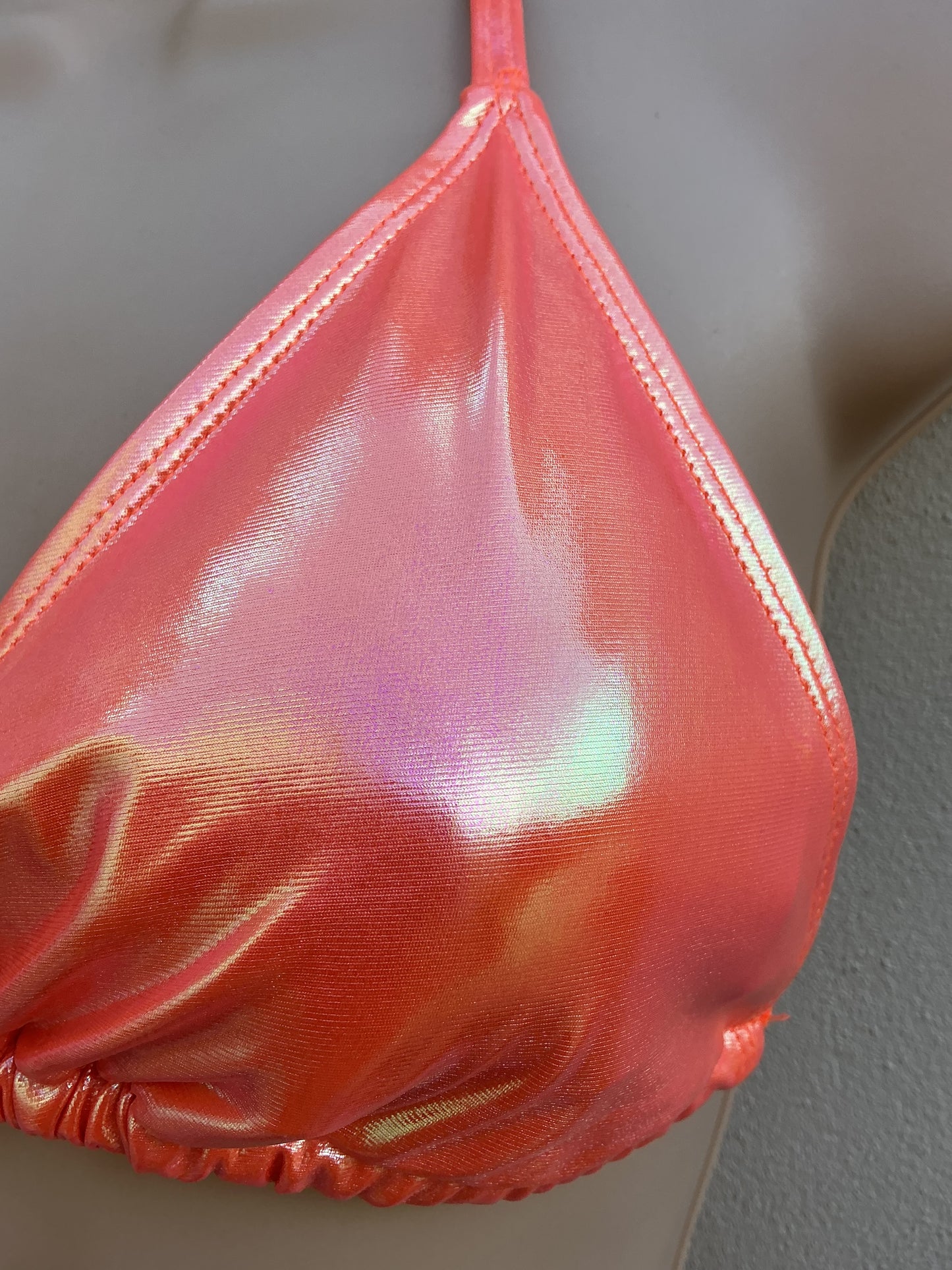 Wet look, iridescent bikini in coral size L (12)