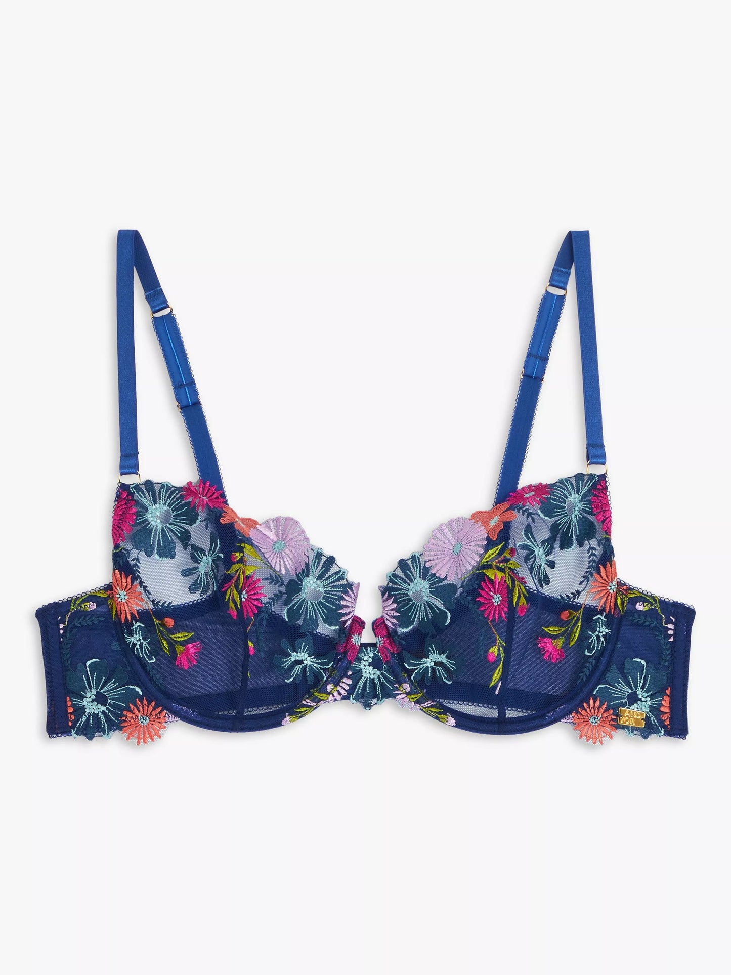 ‘Kiki retro floral’ embroidered balcony bra in blue