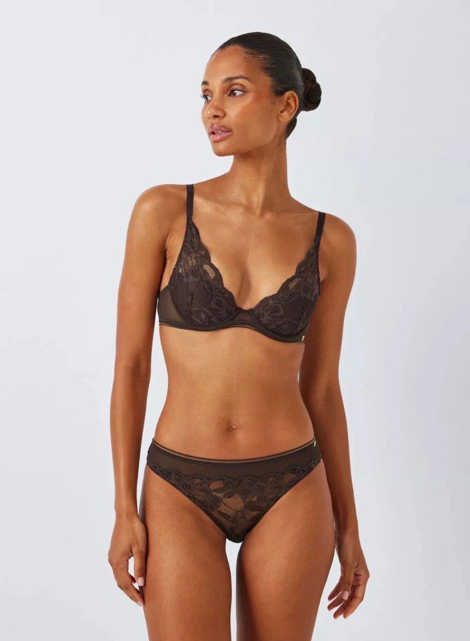 ‘Wren’ high apex, padded, plunge, full support bra in chocolate brown