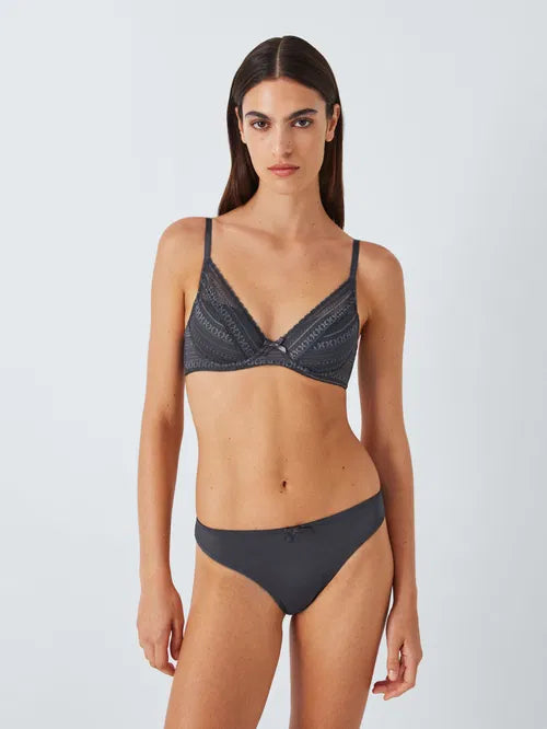 ‘Felicity’ high apex, padded, lace plunge bra in graphite grey
