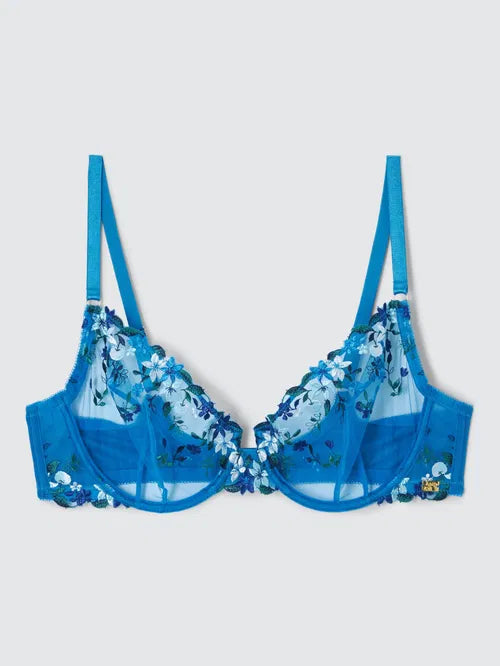 ‘Kiki’ fruity embroidered plunge bra in blue