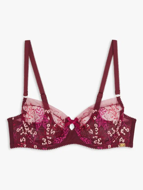 ‘Harper’ desert leaf, embroidered mesh full support balcony bra in burgundy size 36FF