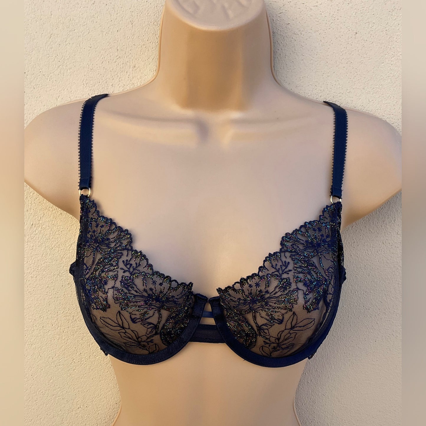 ‘Alexis Soft Bloom’ embroidered bra in metallic navy