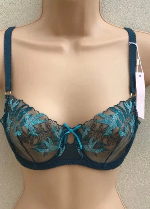 ‘Harper’ desert bird, embroidered mesh, balcony bra in dark green/teal