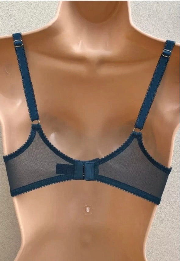 ‘Harper’ desert bird, embroidered mesh, balcony bra in dark green/teal