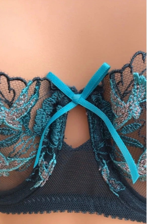 ‘Harper’ desert bird, embroidered mesh, balcony bra in dark green/teal