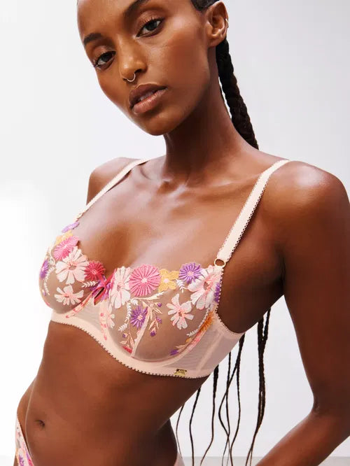 ‘Harper’ retro floral embroidered balcony bra in peach