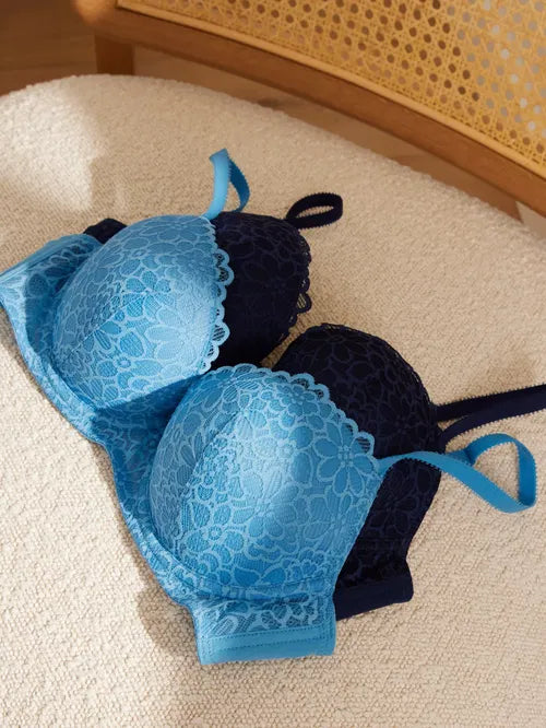 ‘Loreli’ lace padded bra PACK OF 2 cornflower/navy