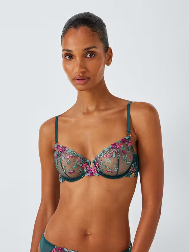 ‘Kiki’ fruity embroidered plunge bra in teal