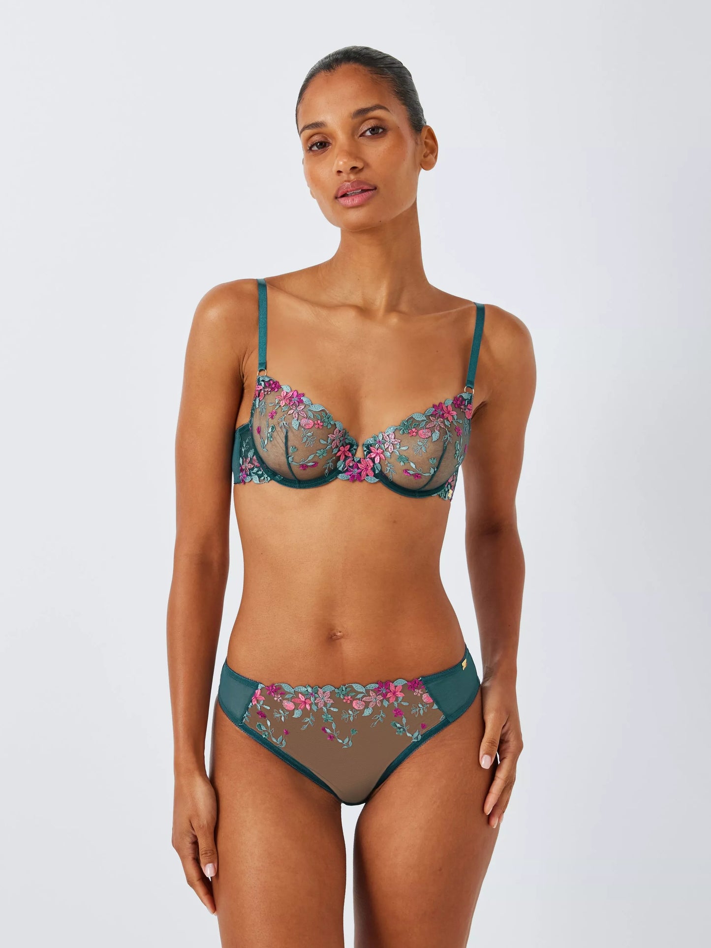 ‘Kiki’ fruity embroidered plunge bra in teal
