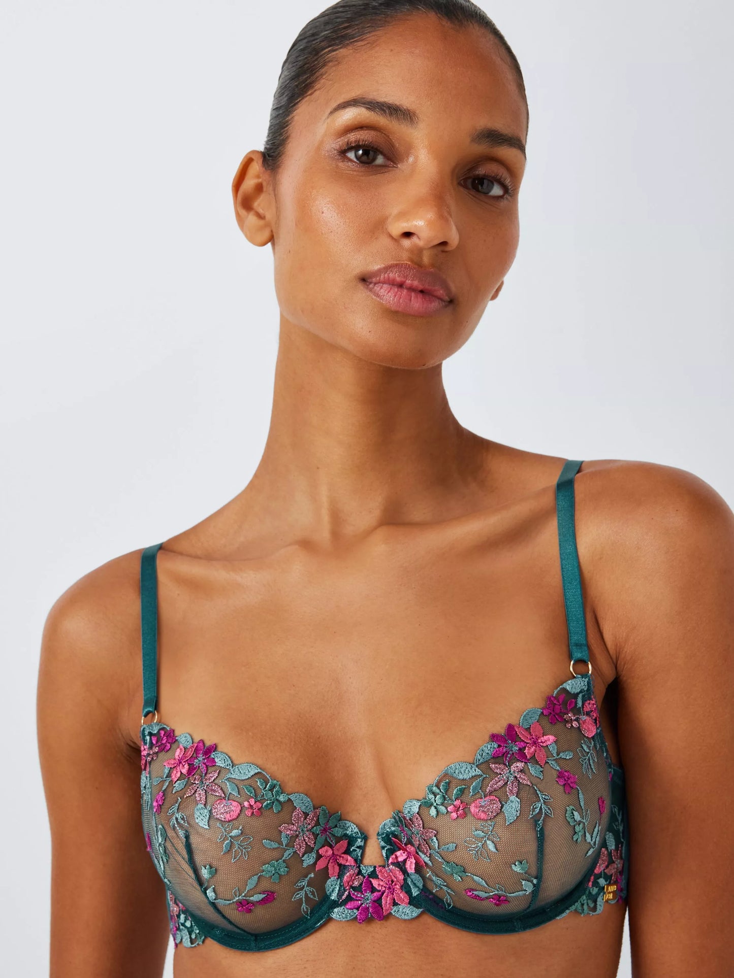 ‘Kiki’ fruity embroidered plunge bra in teal