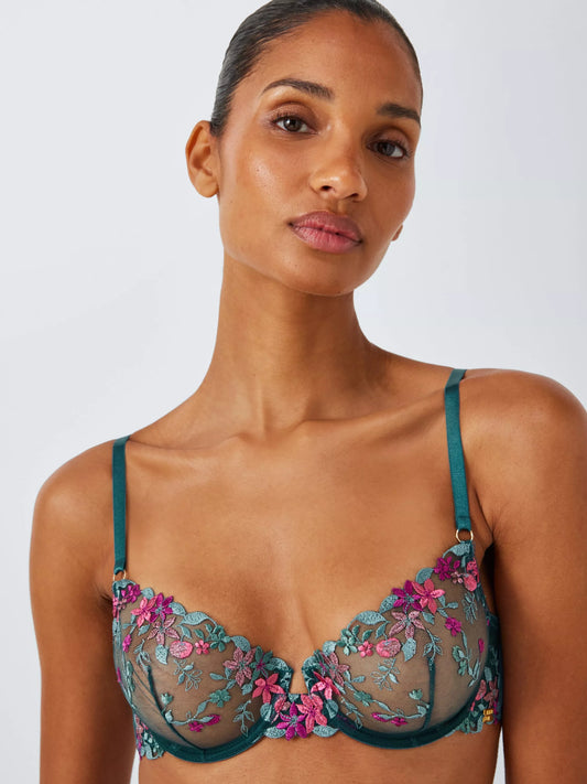‘Kiki’ fruity embroidered plunge bra in teal
