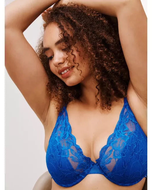 ‘Wren’ high apex, padded plunge bra in royal blue, full support