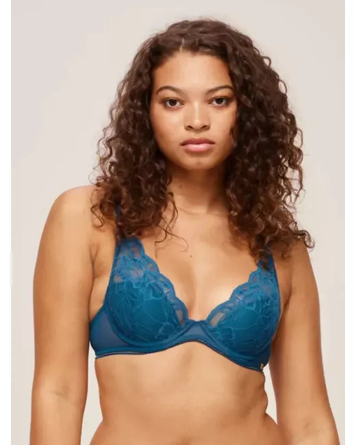 ‘Wren’ high apex, padded plunge bra in teal, full support