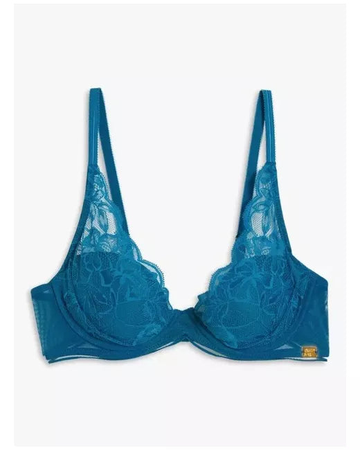 ‘Wren’ high apex, padded plunge bra in teal, full support