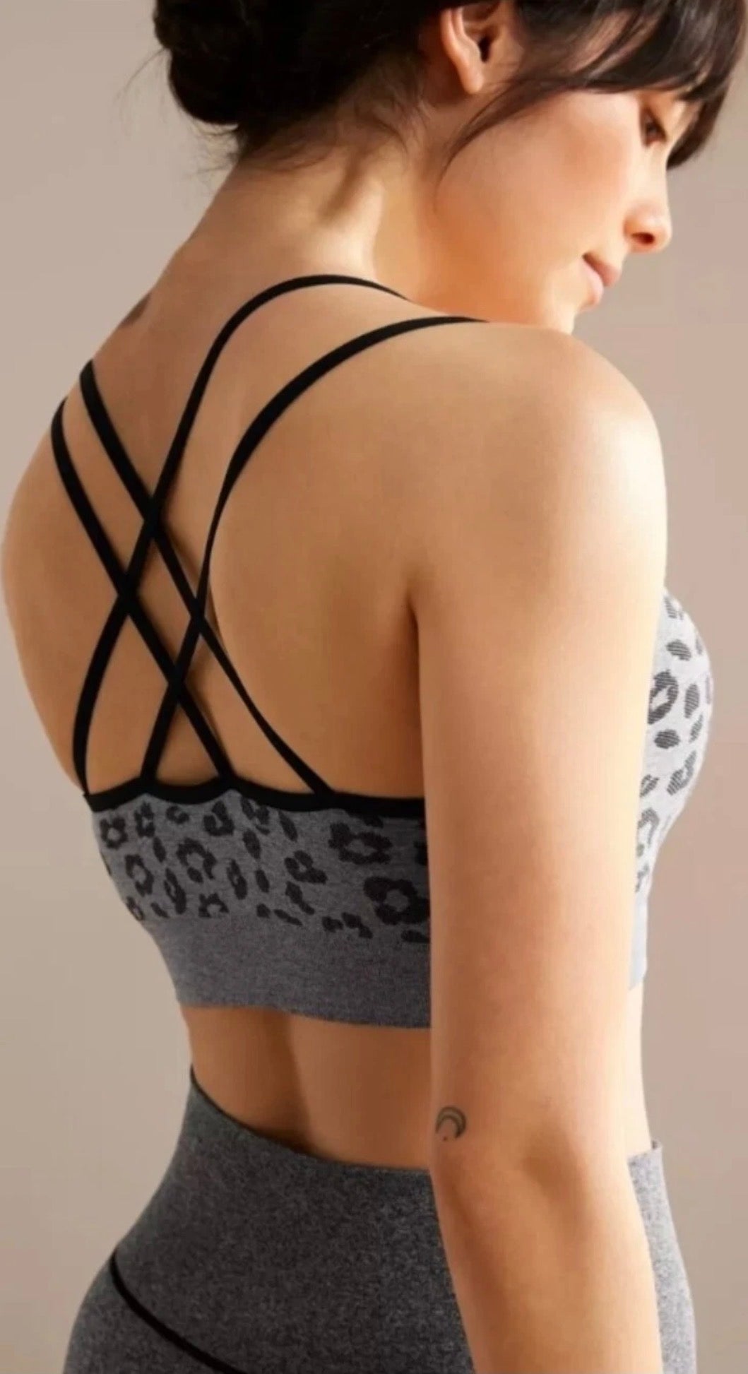 John Lewis ‘Amy’ yoga/pilates bra in grey leopard