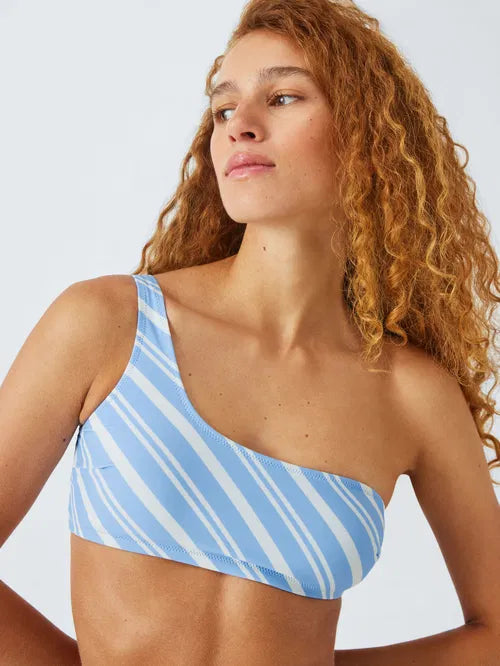 John Lewis one shoulder, striped bikini in powder blue