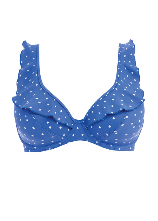 FREYA ‘Jewel cove’ high apex, bikini top in azure, size 32DD