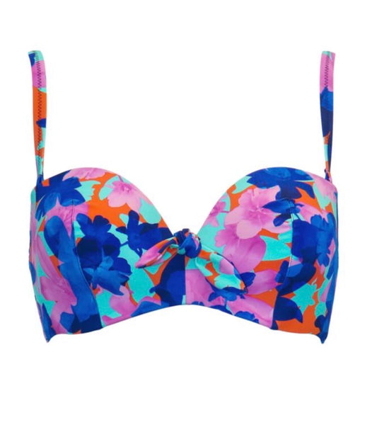 POUR MOI ‘Heatwave’ strapless, lightly padded bikini top in aqua floral size 34B