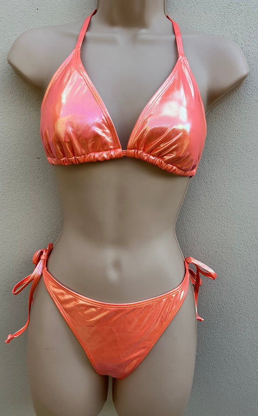 Wet look, iridescent bikini in coral size L (12)