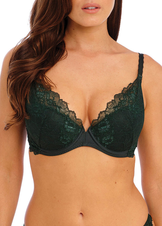 ‘Lace perfection’ padded, push up plunge bra in botanical green size 36DD