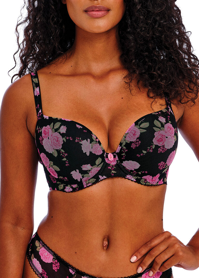 ‘Rose blossom’ moulded plunge bra with j hook in black rose size 30FF