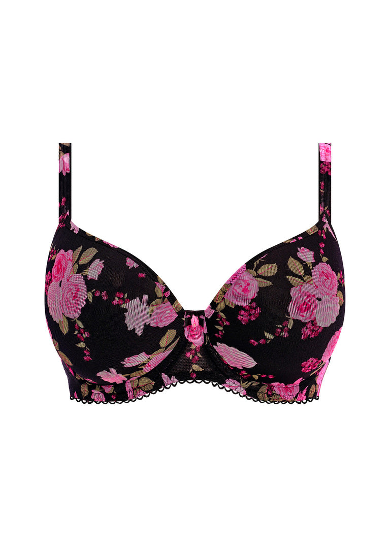 ‘Rose blossom’ moulded plunge bra with j hook in black rose size 30FF