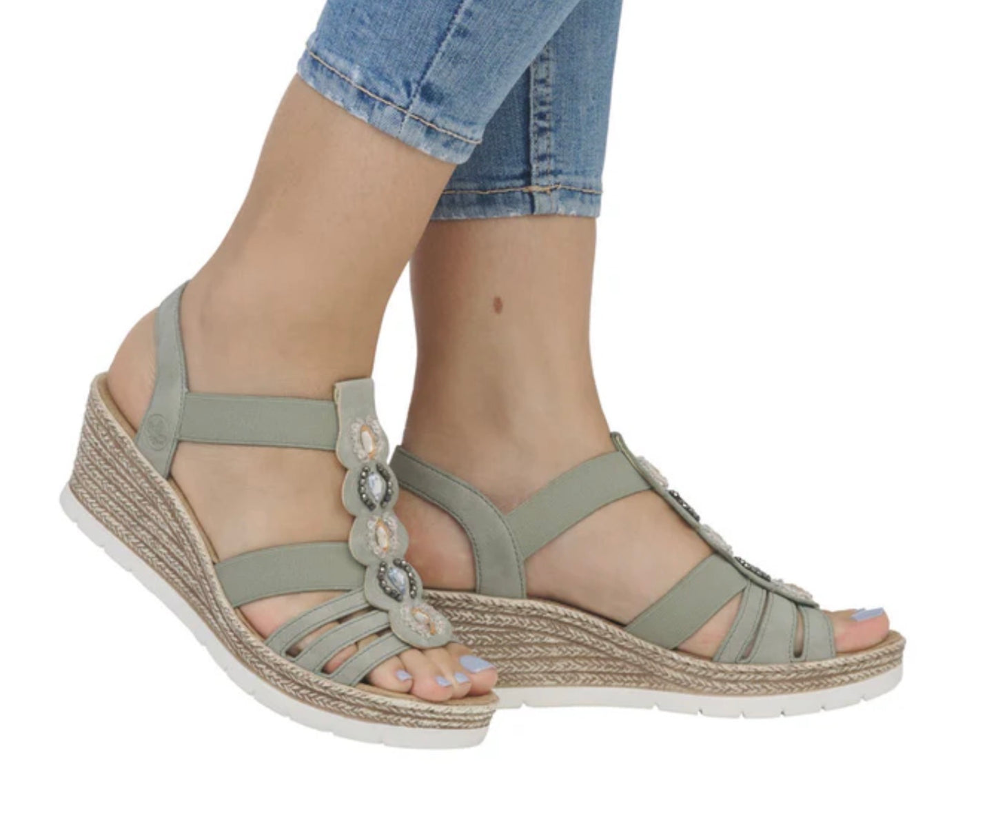 RIEKER jewelled elastic wedge sandals in pistachio, size 38 (5)