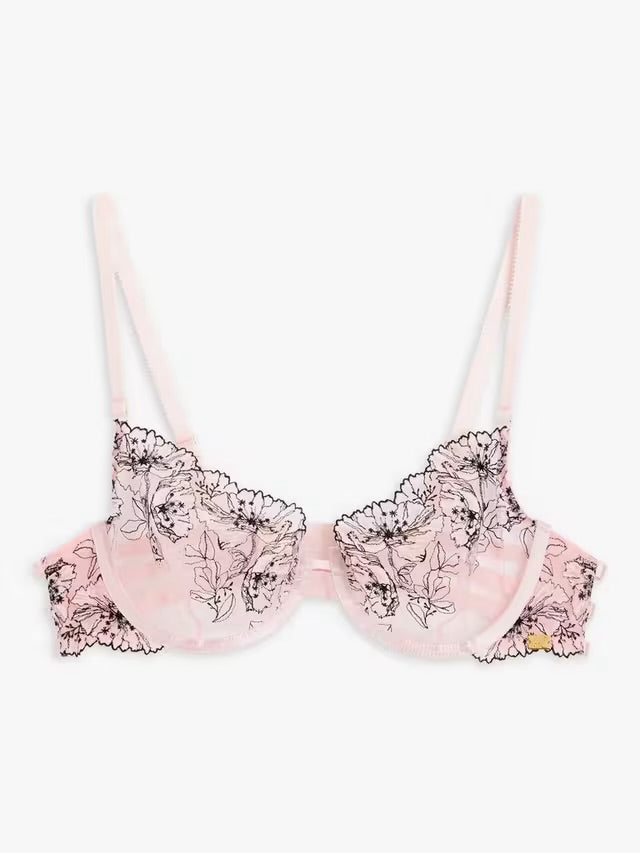‘Alexis Soft Bloom’ embroidered bra in soft pink/black 32D