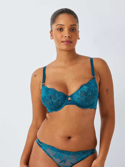 ‘Alexis embroidered lace’ bra in teal blue -full support