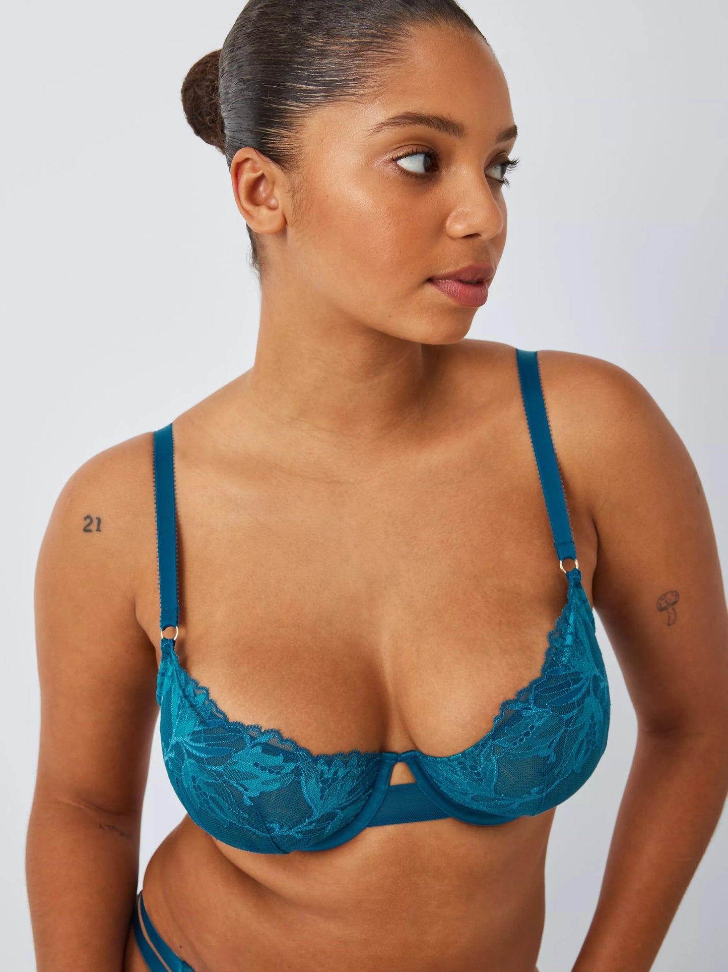 ‘Alexis embroidered lace’ bra in teal blue -full support