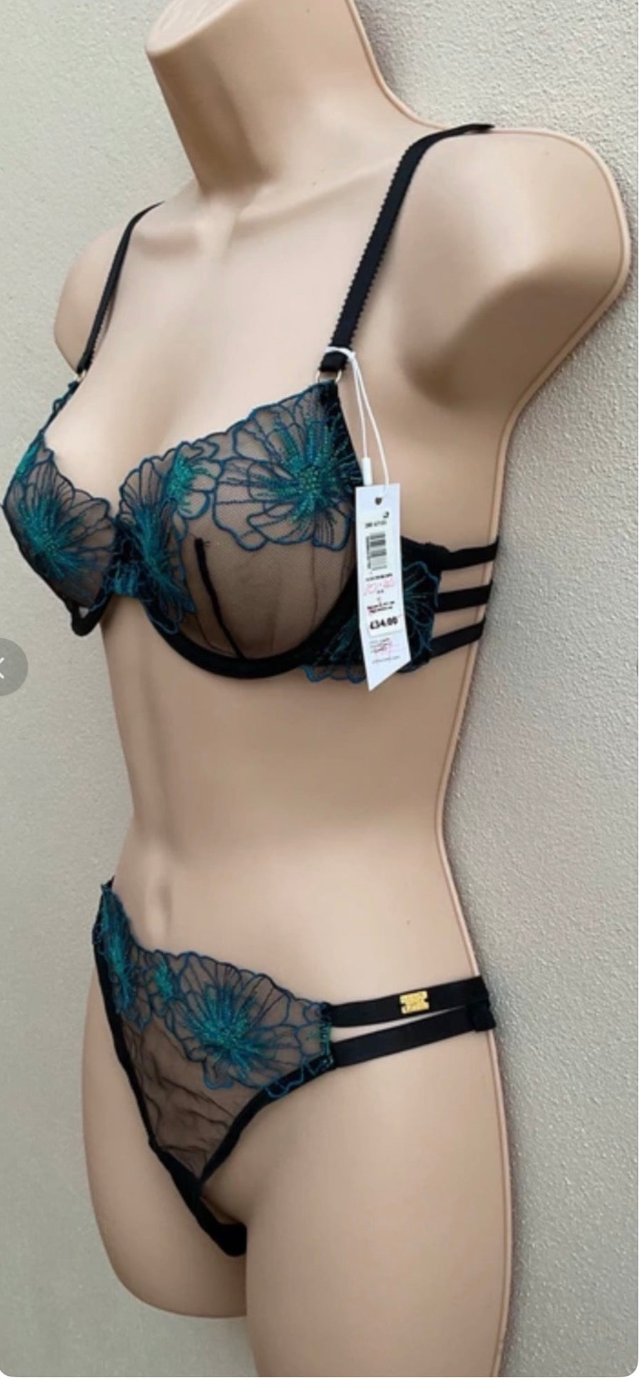 ‘Alexis embroidered’ thong in black/teal