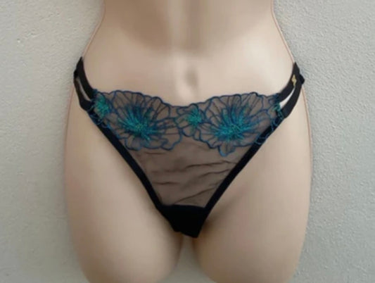 ‘Alexis embroidered’ thong in black/teal