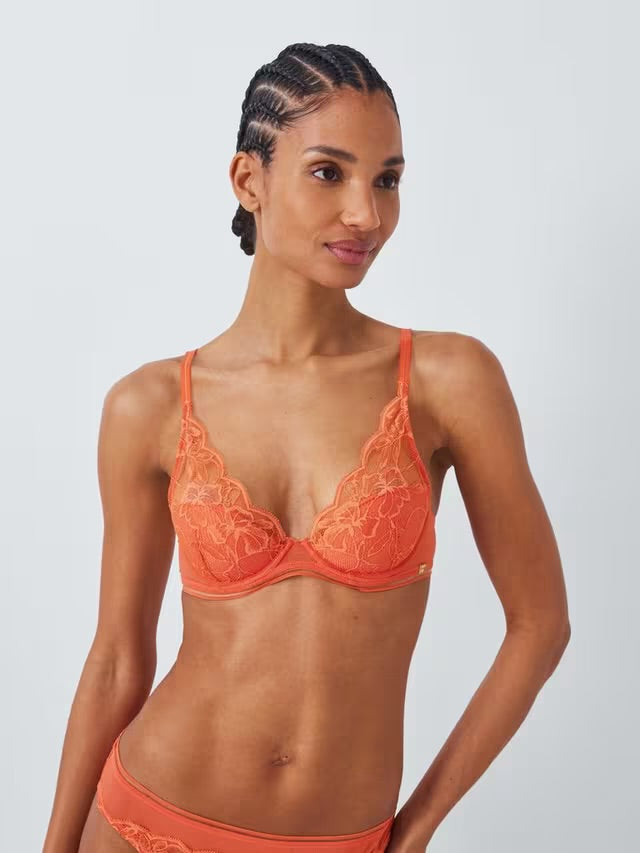 ‘Wren’ high apex, padded plunge bra in coral