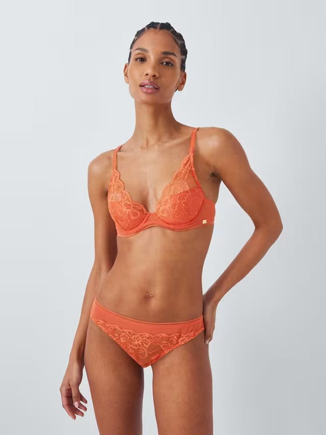 ‘Wren’ high apex, padded plunge bra in coral