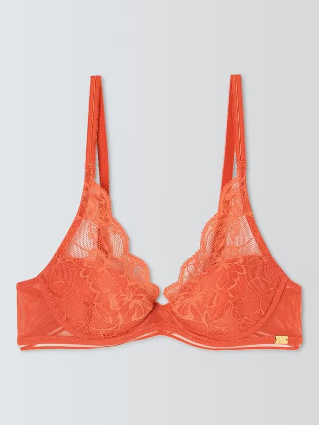 ‘Wren’ high apex, padded plunge bra in coral