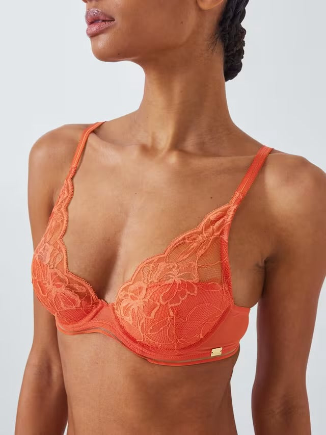 ‘Wren’ high apex, padded plunge bra in coral