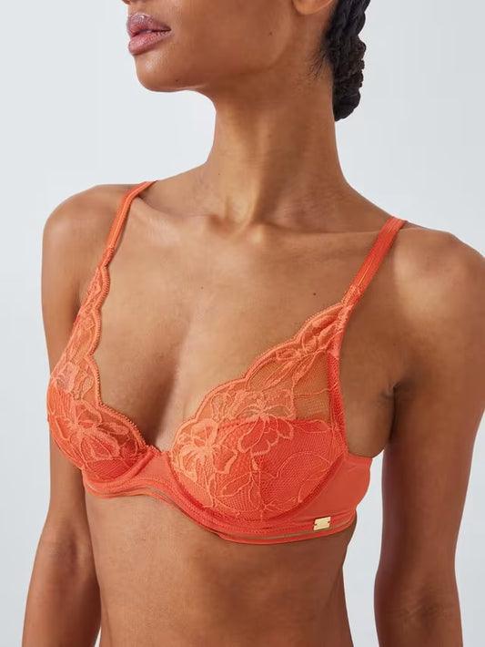 ‘Wren’ high apex, padded plunge bra in coral