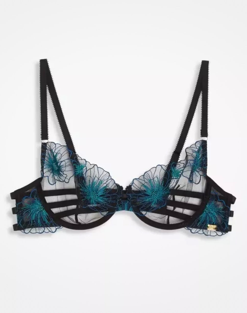 ‘Alexis embroidered' bra in black/teal