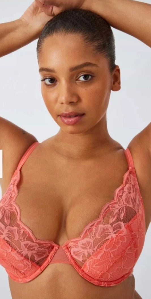 ‘Wren’ high apex, padded plunge bra in coral, full support