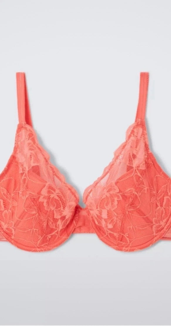 ‘Wren’ high apex, padded plunge bra in coral, full support
