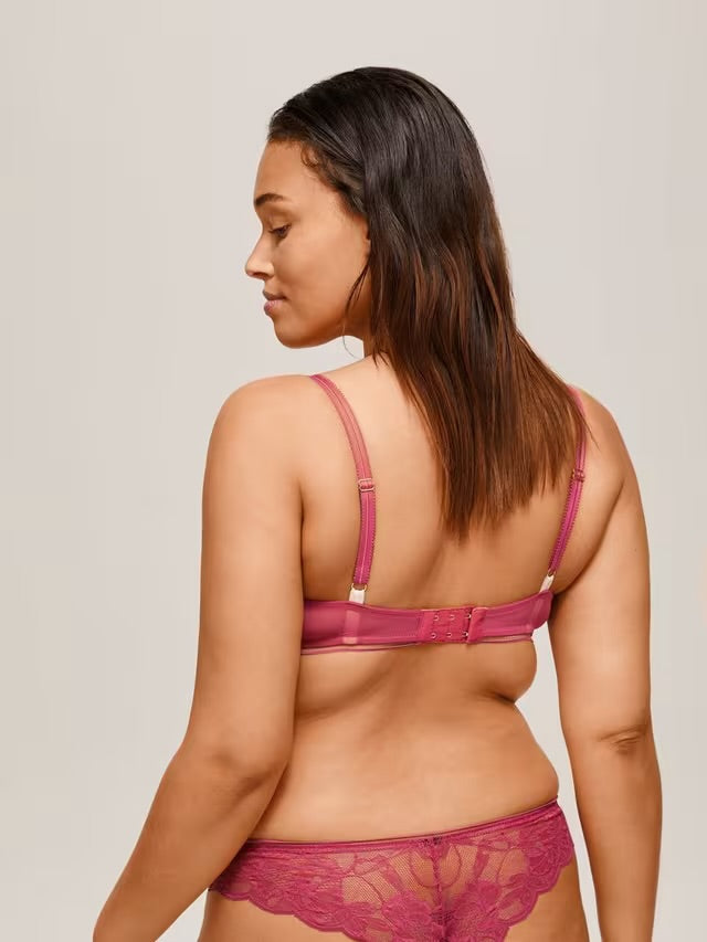 ‘Wren’ high apex, padded plunge bra in mauve pink, full support