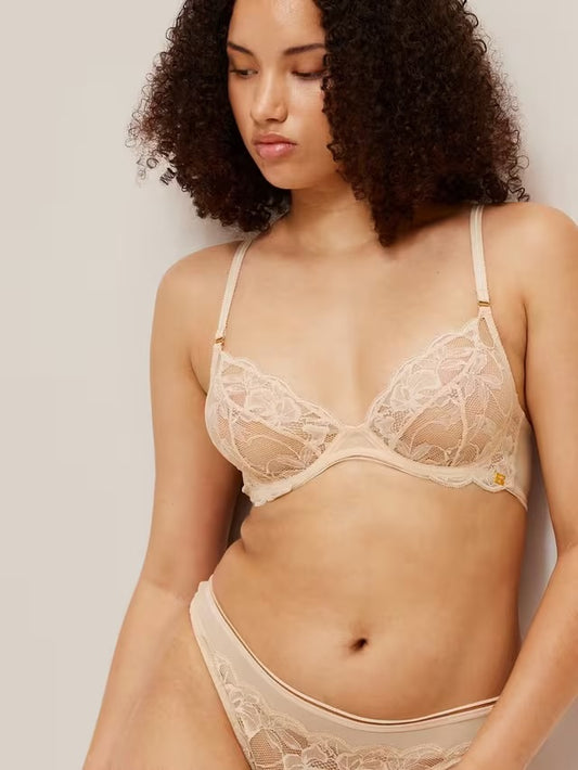 ‘Wren’ non padded, full support, balcony bra in almond