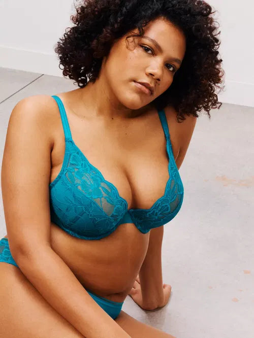 ‘Wren’ high apex, padded plunge bra in turquoise, full support