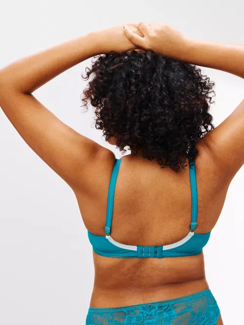 ‘Wren’ high apex, padded plunge bra in turquoise, full support