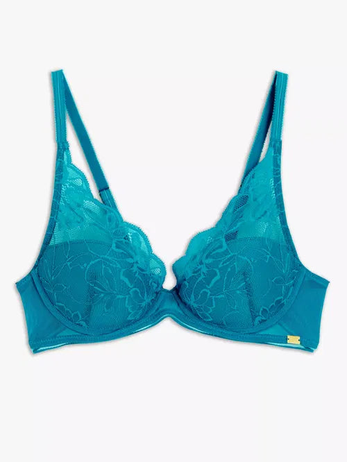 ‘Wren’ high apex, padded plunge bra in turquoise