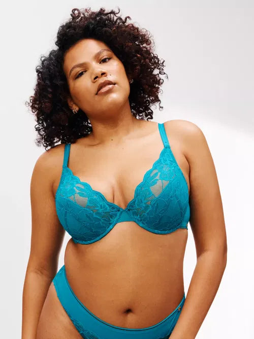 ‘Wren’ high apex, padded plunge bra in turquoise, full support