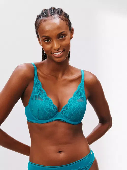 ‘Wren’ high apex, padded plunge bra in turquoise