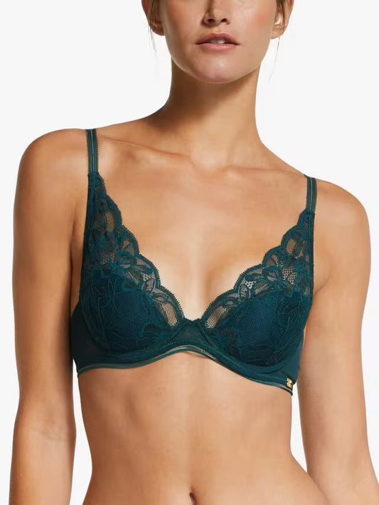 ‘Wren’ high apex, padded plunge bra in dark green size 36D